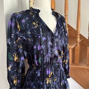 Ophelia Roe Blue Satin Floral Print A-Line Dress
